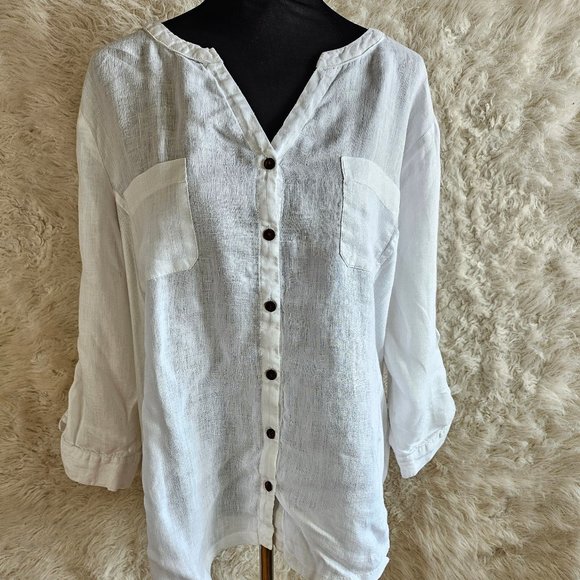 JM Collection Women's White Linen Coconut Button Down Casual Shirt Size 18 - Picture 1 of 9